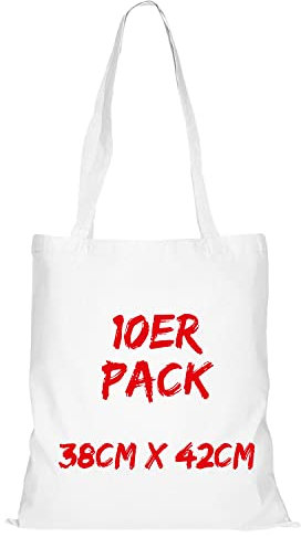 TEXXILLA Baumwolltasche - 10er Pack | Weiß | mit Zwei Langen Henkeln | 38x42cm | Jutebeutel | Einkaufstasche | unbedruckt