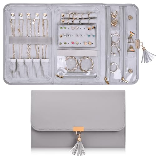 Schmuckrolle Organizer, Schmucktasche für Reisen Leder, 28x17,6cm, Faltbar Schmuck Aufbewahrungstasche Schmuckaufbewahrung Schmuckschatulle, Tragbarer Reise Schmuckhalter für Ringe Ohrringe Halskette