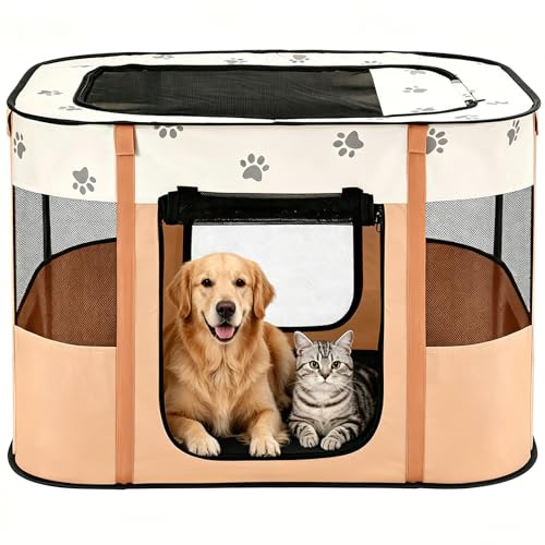 Avont Portable Pet Puppy Dog Playpen, Foldable Cat Playpen, Indoor/Outdoor | Water-Resistant Breathable Shade Cover, Travel Camping Use for Small Animals with Carrying Case, (S/Orange)