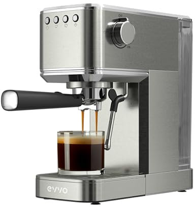 EVVO Cafetera Express Intensa, Presión de 20 bares, Cuerpo de Acero, Espressos y Capuccinos, 1350W, Doble salida, Portafiltros, Depósito de 1,2 l, Calentamiento Rápido (Steel, Sin manómetro)