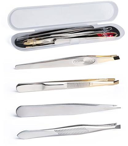 MEGAVOW 4 Piezas Pinza de Depilar para Cejas Profesionales, Portátil Acero Inoxidable Pinzas, Pestañas, Vellos Encarnados, Barba Mujeres y Hombres | Pinzas inclinadas y puntiagudas de acero inoxidable para mujeres y hombres, kit de eliminación de puntos negros de pelo