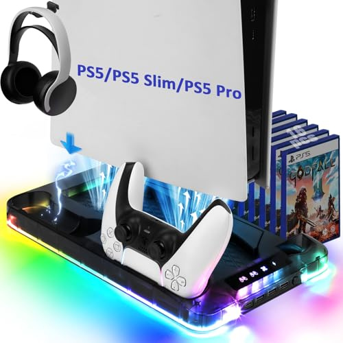 Auniq Station de Charge de Refroidissement PS5/PS5 Slim/PS5 Pro avec lumières RGB & Ventilateurs, Transparent Support de Charge Contrôleur Support PS5 Station d'accueil pour PS5/Slim/Pro Disc &Digital