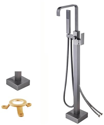 BiaoTeng Badewannenarmatur FüR Freistehende Badewanne Wasserfall 2 Funktionen Einhebelmischer Messing mit Handbrause 150 cm Schlauch Badewannenarmatur Set, Grau