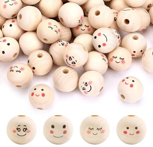 Naler Holzperlen mit Gesicht, 120pcs Lächeln Gesicht Holzperle 20mm 4 Stil Natürliche Holz Perlen Runde mit Loch für DIY Handgefertigte Handwerk Engel Handwerk und Kinder Schmuck Machen Zubehör
