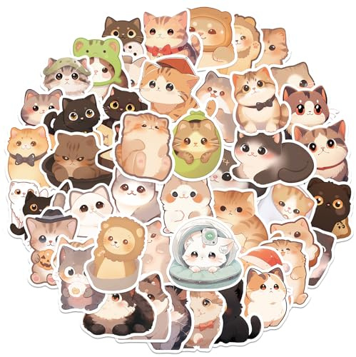 Amaxiu Cute Cartoon Cat Stickers Set, 50 Pcs Funny Kawaii Animal Aesthetic Decals Waterproof Self Adhesive Vinyl Stickers for Scrapbooking Planner Journals