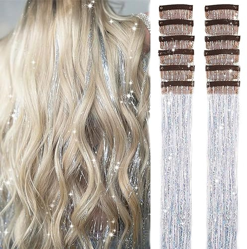 PORSMEER 12 Pcs Haar Flitter Clip in Hair Tinsel 20 Zoll 50 cm bunte Glitter Flitter Haarverlängerungen Flitter Fee Haar Party Dazzle Haar Zubehör Stränge für Frauen Mädchen (Silber)