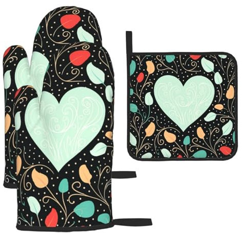 Set di 3 guanti da forno e presine a forma di cuore, resistenti al calore, set di presine, extra lunghi, antiscivolo, per cucinare, cuocere e barbecue