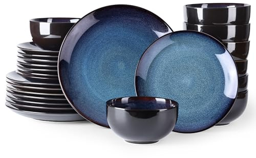 LERATIO Ceramic Dinnerware Sets for 8,Stoneware Plates and Bowls Sets,Handmade Reactive Glaze Dishes Set,Chip Resistant and Scratch Resistant | Oven&Dishwasher & Microwave Safe-Blue(24PCS)