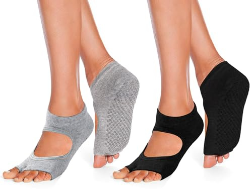 Yoga Socks For Women Toeless Pilates Grip Socks Mid Calf Anti Non Slip Slipper Socks Breathable Grippy Pilates For Ballet, Dance, Workout, Fitness,Yoga,Trampoline 2 Pairs Black Grey