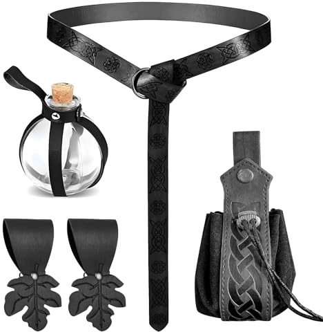 RoserRose 2PCS Mittelalter Kleidung Zubehör, Mittelalter Gürtel und Mittelalterliche Kunstledertasche mit Kordelzug, Halloween Nekromanten Anzug, für Zauberer, Hexe Kostüm Zubehör