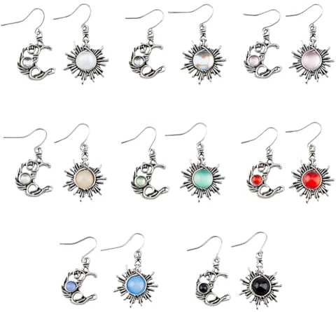 UNICRAFTALE 8 Paar Sonne Und Mond Ohrringe 8 Farben Boho Retro Opal Sonne Und Mond Ohrhänger Vintage Glas Asymmetrische Himmlische Ohrringe Mit Eisenstiften Weihnachtsschmuck Für Damen