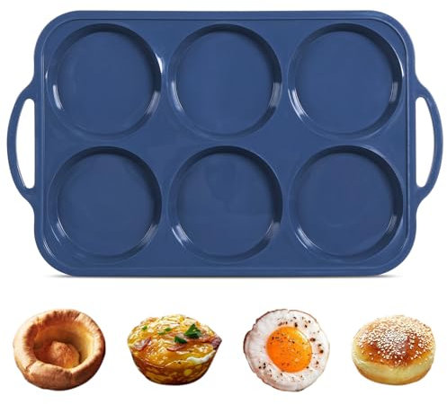 Highkit Teglia per Muffin Grande in Silicone per 6,Struttura in Metallo,Stampi Muffin Piatta e Antiaderente, con Manico,Adatto per all'uovo,Budini,Torte, Grigio