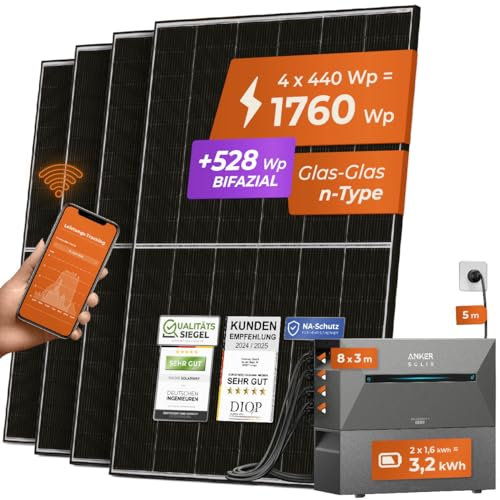 Solarway® All In One Balkonkraftwerk mit Speicher 1800W komplett Steckdose - 3,2 kWh Anker Solix 2 PRO Speicher - Solaranlage Komplettset - 440W Solarmodule & Anker Speicher & Zubehör