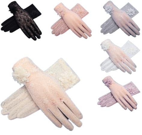 SMTCM 1 Paar Blumen Spitzehandschuhe Damen Kurze Weiß Brauthandschuhe Spitzen Elegante Handschuhe Sommer Sonnenschutz Fahrhandschuhe mit Touchscreen Blumehandschuhe Lace Gloves für Hochzeit Party