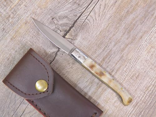 Generico COLTELLO 17,5 CM lama 8 cm SARDEGNA SARDO Pattada MANICO CORNO DI MUFLONE fodero e incisione come immagine
