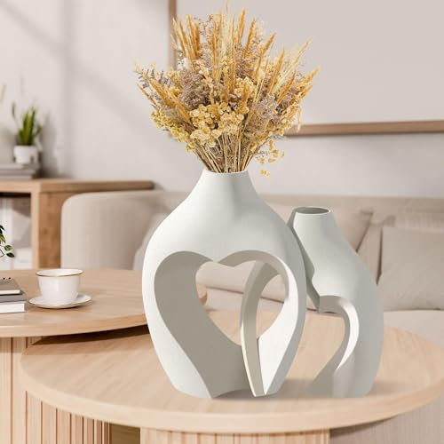 Vaso in ceramica a forma di cuore, bianco, set da 2 pezzi, in ceramica opaca, per decorazione da tavolo, matrimonio, sala da pranzo, soggiorno, ufficio, decorazione per la casa