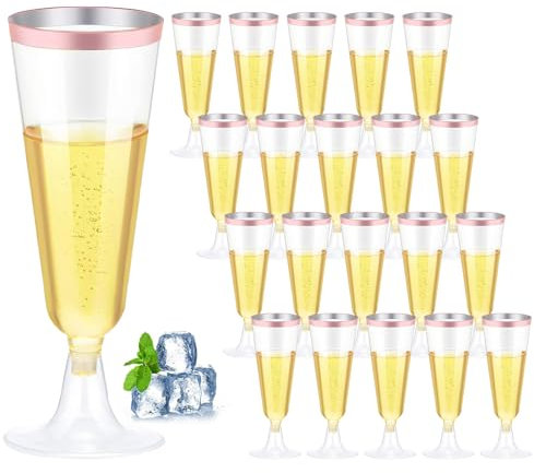HHEETTT Set di 20 bicchieri da spumante in plastica, 150 ml, bordo oro rosa, champagne riutilizzabili per feste