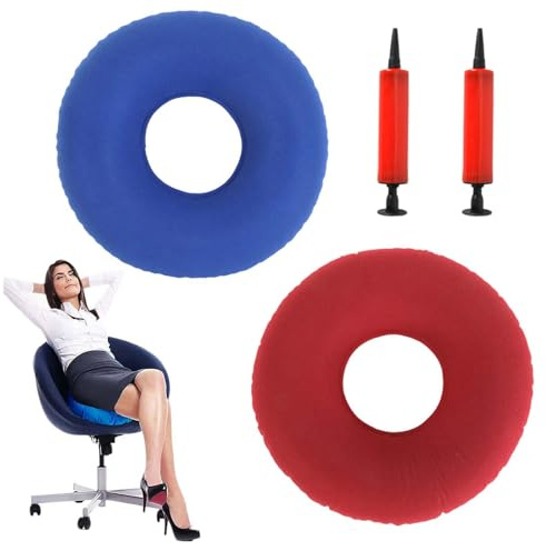 2 PCS Coussind’AssiseGonflable en Anneau,CoussinRondGonflable,CoussindesiègeGonflable en Polyester,Coussin de Siège Gonflable Ergonomique,Pompe à Ceinture Souple, hémorroïdes, Rouge + Bleu