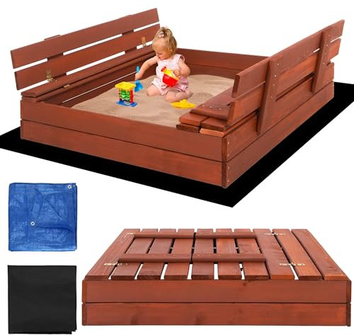 Cassetta di sabbia in legno imbrattato, 100 x 100 cm, pieghevole, con banche, in legno ecologico, certificato CE, set con tessuto non tessuto e telone Springos