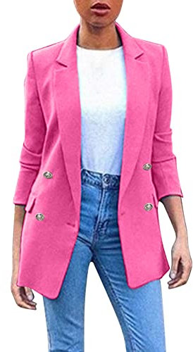 Veste blazer élégante pour femme - Noir - Veste de costume surdimensionnée - Sportive - Long blazer avec boutons - Veste de transition - Veste d'affaires - Couleur unie - Cardigan ample, rose, M