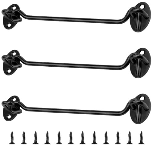 AMONENZ Pack of 3 200 mm Storm Hooks, Black Storm Hooks with Eyelet, Stainless Steel Door Bolt with 12 Screws, for Door Windows, Cupboards, Dog Kennels