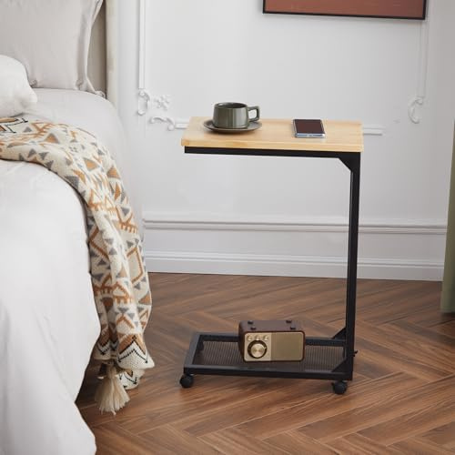 Mingone Beistelltisch C-Form Sofatisch mit Rollen Kaffeetisch Laptoptisch für Kaffee Holz Design Wohnzimmer Schlafzimmer,28x45x68cm (Kiefernholz)