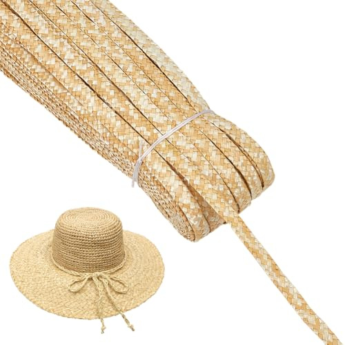 PH PandaHall Material trenzado de paja de trigo de 50 m para hacer sombreros, 9-11,5 mm de ancho, tejido a mano, paja natural, ribete de encaje, cinta de costura rústica para sombreros, cestas, bolsos