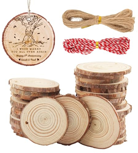 Vaskula Holzscheiben 50 Stücke Baumscheiben 6-7 cm Durchmesser 0.5 cm Runde Holzscheiben mit Löcher Haben Rinde Jahresring 2 Seile für Malerei Weihnachtsschmuck Basteln Holz