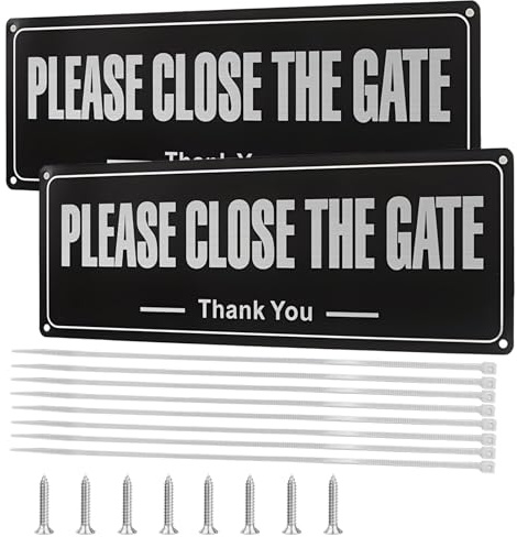 2pcs Please Close the Gate Sign, 90mm x 250mm Dog Signs for Gates, Personalised Signs and Plaques Black with 8pcs Cable Ties and Screws, for Indoor, Outdoor, Yard, Patio