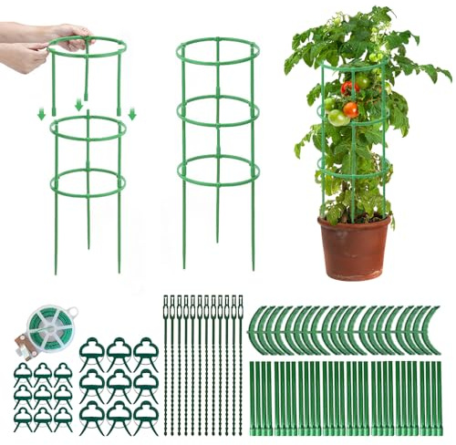 KBIBCK Tomaten Rankhilfe, 151 PCS Pflanzenstütze, Verstellbarer HöheTomatenturm, Plastik, Rankgitter für Tomaten, Gurken, Blumen, Pflanzen, Garten (60 Ringe 60 Stangen, 20 Stockwerke)