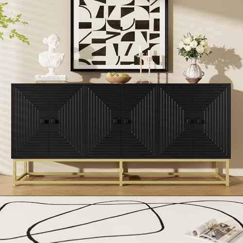 FammyLoft Sideboard-Schrank mit Großer Stauraum und 3 Doppeltüren, Wohnzimmerschränke mit Goldene Tischbeine, Aufbewahrungsschrank für Wohnzimmer, Esszimmer & Flur, 160 * 38 * 75,5cm, Schwarz