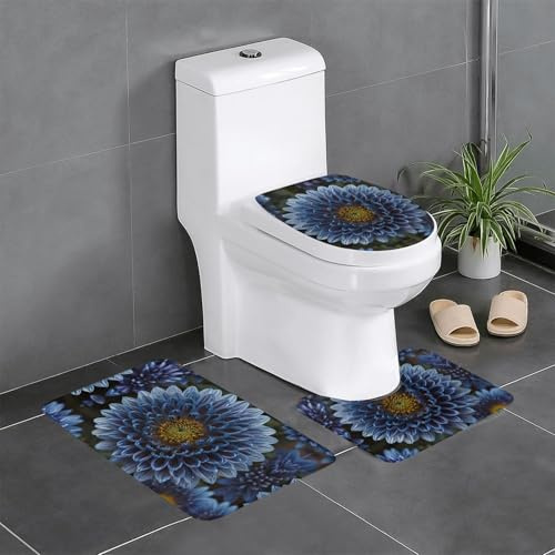 Juego de 3 alfombrillas de franela antideslizantes de 24 x 16 pulgadas, estampado de crisantemo azul WHJSHOP grueso y absorbente para baño e inodoro