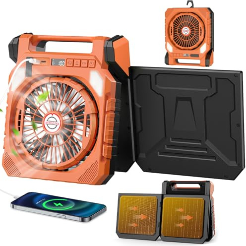 Ventilateur de Camping,Ventilateur Solaire con Batterie 20000mAh Rechargeable,2 Panneaux Solaires,Lumière LED,Lampe torche,Secouant la tête,Affichage Numérique,Minuterie pour Pêche Randonnée Voyage