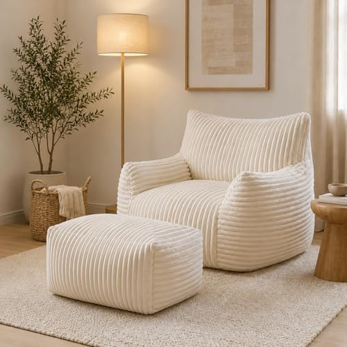 Calivra Sitzsack XXL für Erwachsene mit Ottoman - Ergonomischer Relax Liegesessel mit 5-Zonen-Stütze, Corduroy Bezug, High-Rebound Füllung Schwamm, platzsparend für Wohnzimmer (Weiß)