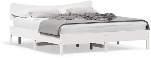 Foknhdi Massivholzbett 200x200 cm aus Kiefernholz, Weißes Bettgestell mit Kopfteil, Stabiles Doppelbett für Schlafzimmer, Inklusive Lattenrost, Rustikales Design