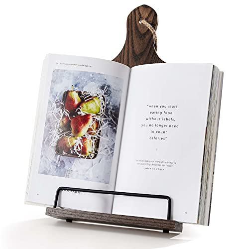 FANATU Cookbook Stand, Rustic Wood Cookbook Holder Cutting Board Style, Adjustable Recipe Ipad Tablet Book Holder and Stand for Kitchen with Anti-Slip Kickstand (Dark Brown)