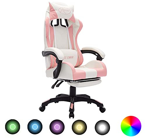 vidaXL Gaming Stuhl mit RGB LED-Leuchten Fußstütze Höhenverstellbar Chefsessel Bürostuhl Drehstuhl Schreibtischstuhl Sportsitz Racing Rosa Weiß Kunstleder