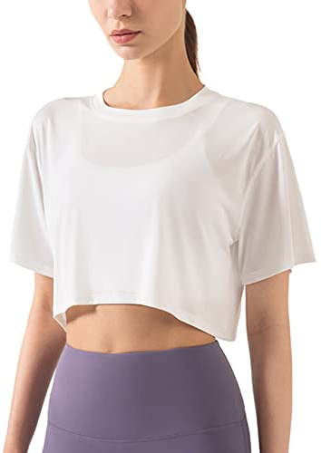 Damen Fitness Trainieren Crop-Tops Kurzarm Yoga T-Shirts Sportlich Betrieb Sport-Shirts