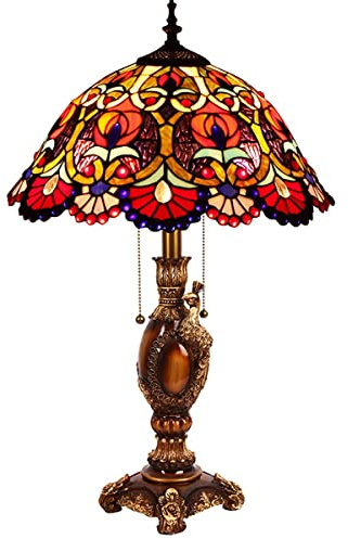 25in High Tiffany Stained Glass Desk Lamp, E27 Handmade Baroque Style Vintage Pastoral Flowers Bedroom Bedside Lamp, Lamps Tiffany Victorian Dining Tables Decorative Bar Reading (Zipper Switch)