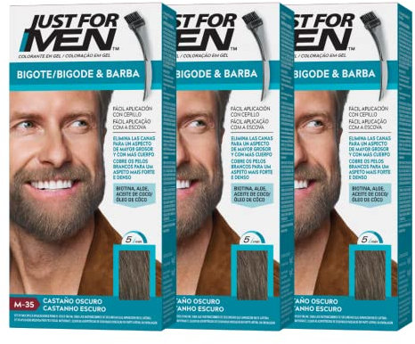 Just For Men Farbgel für Bart und Schnurrbart, natürliches Aussehen, lange Haltbarkeit, Dunkelbraun, M-35, 3 Stück