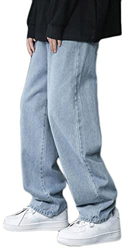 ORANDESIGNE Jeans pour Hommes Pantalon Straight Fit Jeans Denim Pants Pantalon Court Décontracté Ample à Jambe Large Droite Tendance Hip Hop Jean de Skate Adolescent G Bleu M