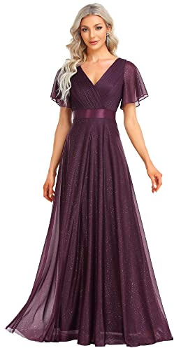 Ever-Pretty Vestito da Cerimonia Maniche Corte con Volantes Scollo a V Stile Impero Linea ad A Lunghezza del Piano da Donna EE50159