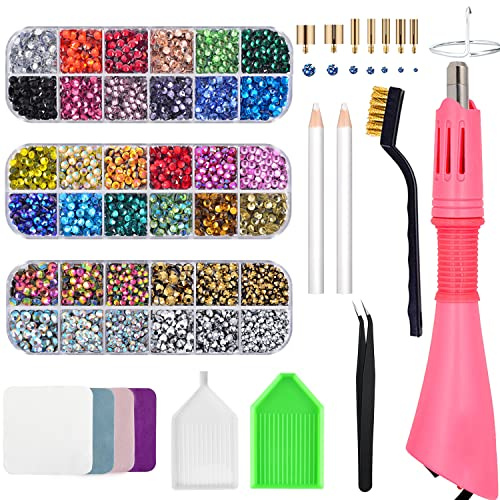 Bedazzler Kit con estrás, aplicador de manualidades de piedras preciosas fijas en caliente para pintura de diamantes, lápiz de cera, pinzas, bandeja, paño de cepillo de limpieza, 28 colores, cristales