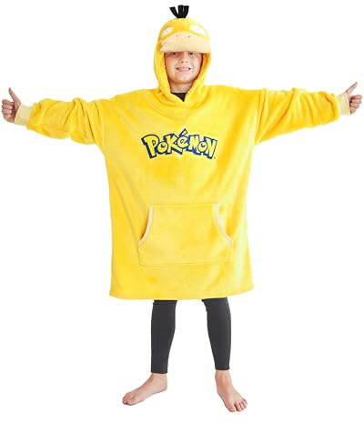 Pokémon Sweat à Capuche Oversize Enfant, Pikachu Sweat Plaid Polaire Chaud, Poche Kangourou, Pull Poncho Hiver (Jaune Psyduck)