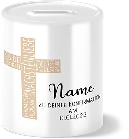 OWLBOOK Konfirmation Kreuz mit Wörtern beige Spardose personalisiert zur Konfirmation Kommunion Firmung Taufe für Mädchen und Jungs Jungen als Konfirmationsgeschenk Geschenk Geschenkidee