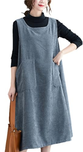 ellazhu Salopette en Velours côtelé Pinafore Pull Robe Col Rond GZ60 Gris-Bleu