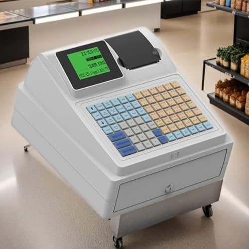 Lakenbroade 81-Tasten-Kassierkasse, elektronische Registrierkasse für kleine Unternehmen, Registrierkasse mit Schublade, Flacher Tastatur und Thermodrucker, 8 Digitale LCD-Handelskasse