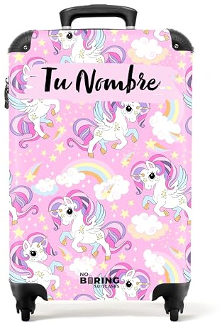 NoBoringSuitcases.com Kinderkoffer Mädchen, Reisekoffer Personalisiert, Hartschalenkoffer, Koffer Kinder, Kindertrolley Mädchen, Handgepäck 55x40x20 cm (Bunte Einhörner, Regenbögen und Sterne - Rosa)