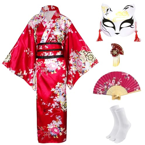 CRFASIBE 5 Piezas Kimono Mujer, Kimono con Estampado Floral, Japonesa Geisha Yukata Disfraz con Accesorios, Conjunto de Disfraces para Cosplay Carnevale(Vino Rojo)