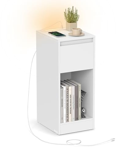 VASAGLE Kailyn Colección - Mesita de Noche Estrecha, Mesa Auxiliar, con Iluminación LED, 1 Puerto USB-A, 1 Puerto USB-C, Cajón y Compartimento, Dormitorio, Salón, Blanco Nube LET610W01
